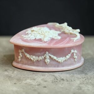 Incolay Pink Stone Jewelry Box Genuine Vintage Hinged Trinket Box w/ Rose Design